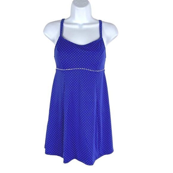 L.L. Bean One Piece‎ Swimsuit Dress Size 10 Long Polka Dot Blue White SW-1724 - Picture 1 of 9